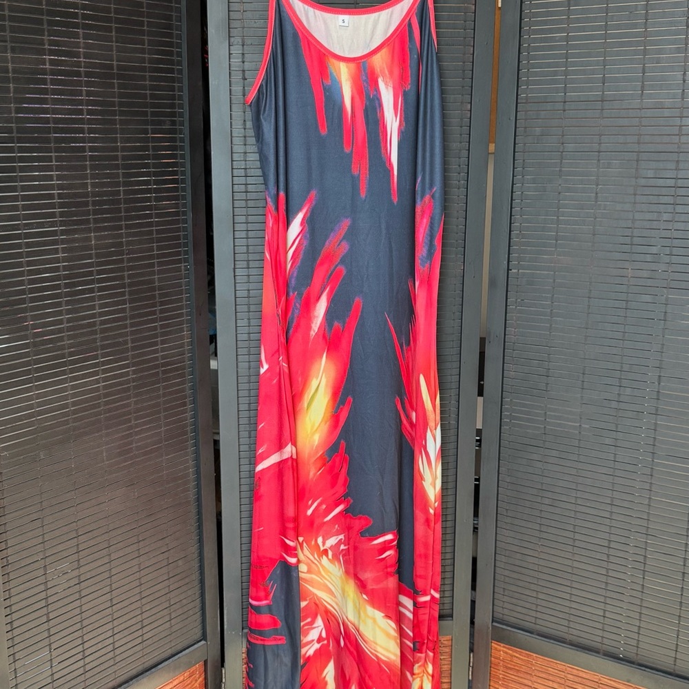 Vibrant Maxi Dress with Red and Yellow Accents